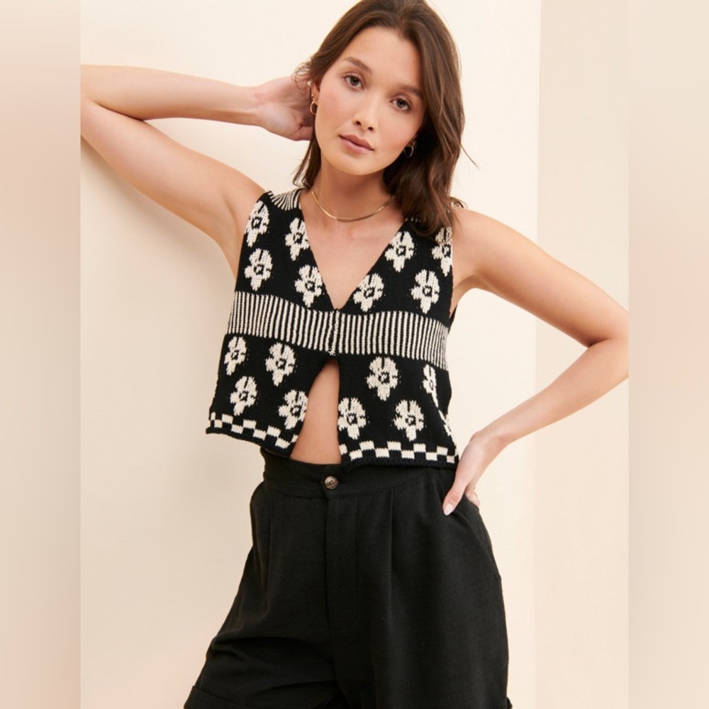 Tach Clothing loreza flower/checker black and white knit tank/vest